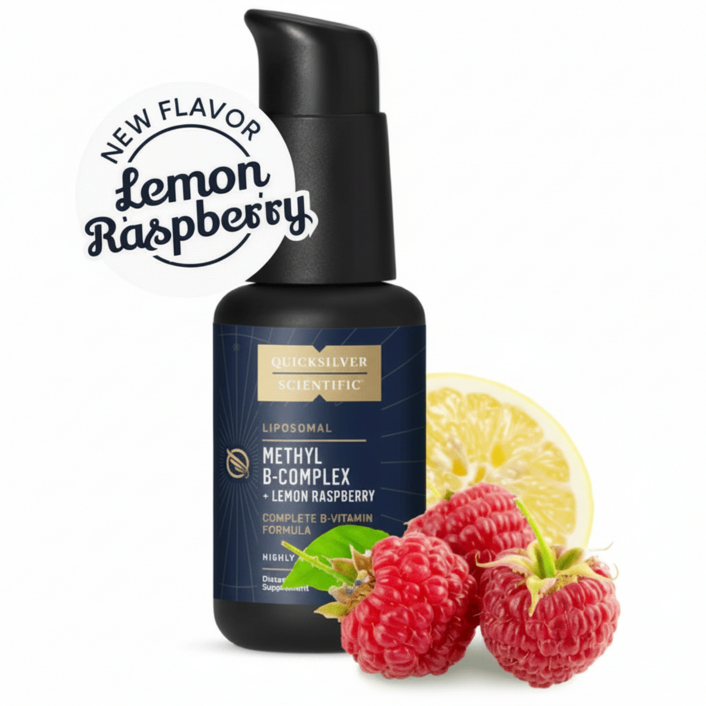 Supplement bottle with lemon and raspberry on a white background