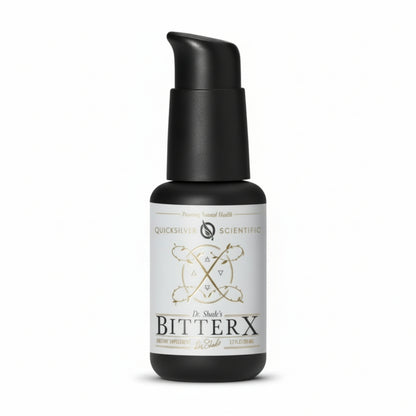 black pump bottle with white label, black and gold text, Promoting Natural Health, Quicksilver Scientific with logo and swirly graphic, Dr. Shade's Bitter X dietary supplement