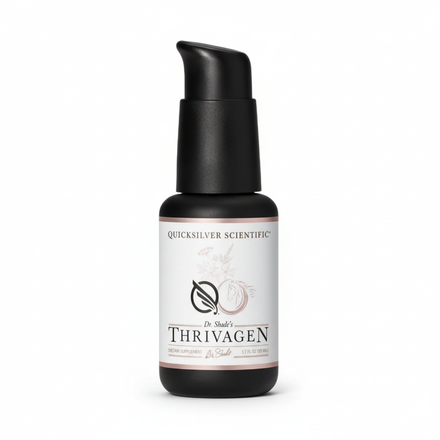 Thrivagen skincare serum bottle with black cap on a white background