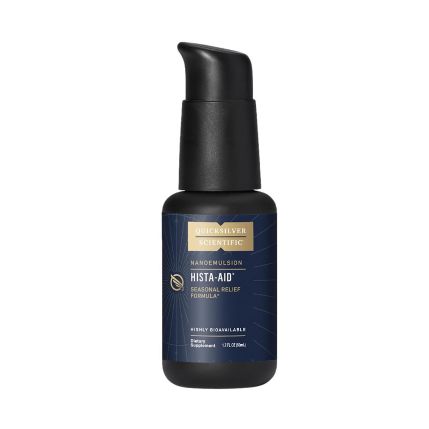 Black bottle of Quicksilver Scientific Hista-Aid Seasonal Relief Formula with a blue label on a white background
