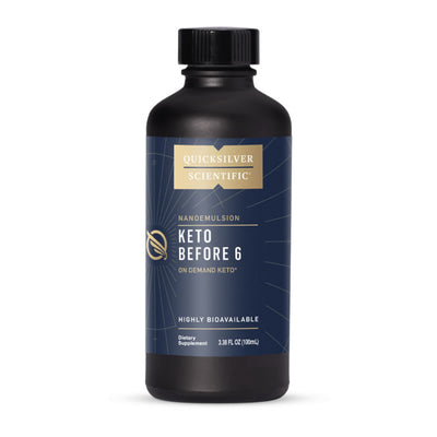 Black bottle of Quicksilver Scientific Keto Before 6 supplement on a white background