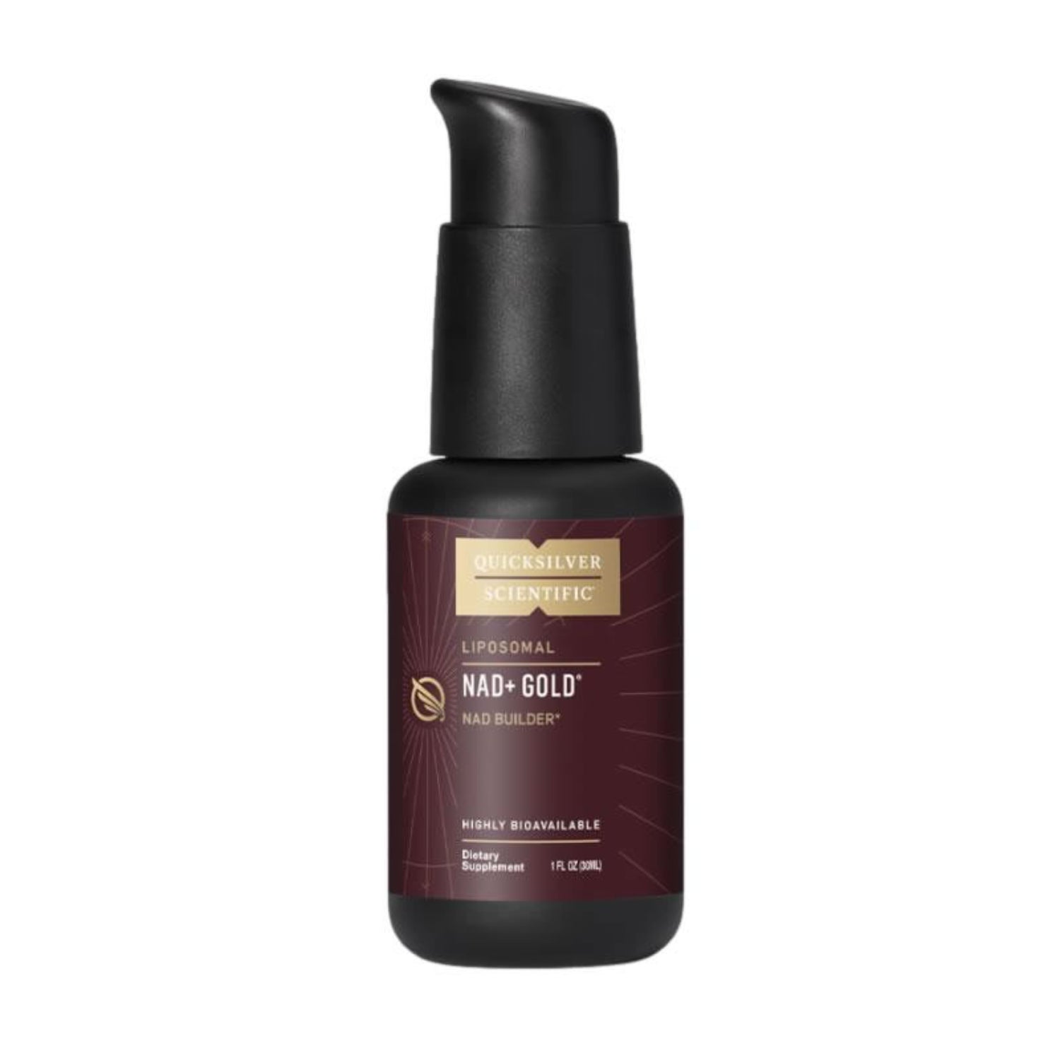 Bottle of NAD+ Gold serum with a maroon label on a white background