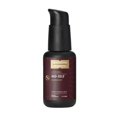 Bottle of NAD+ Gold serum with a maroon label on a white background