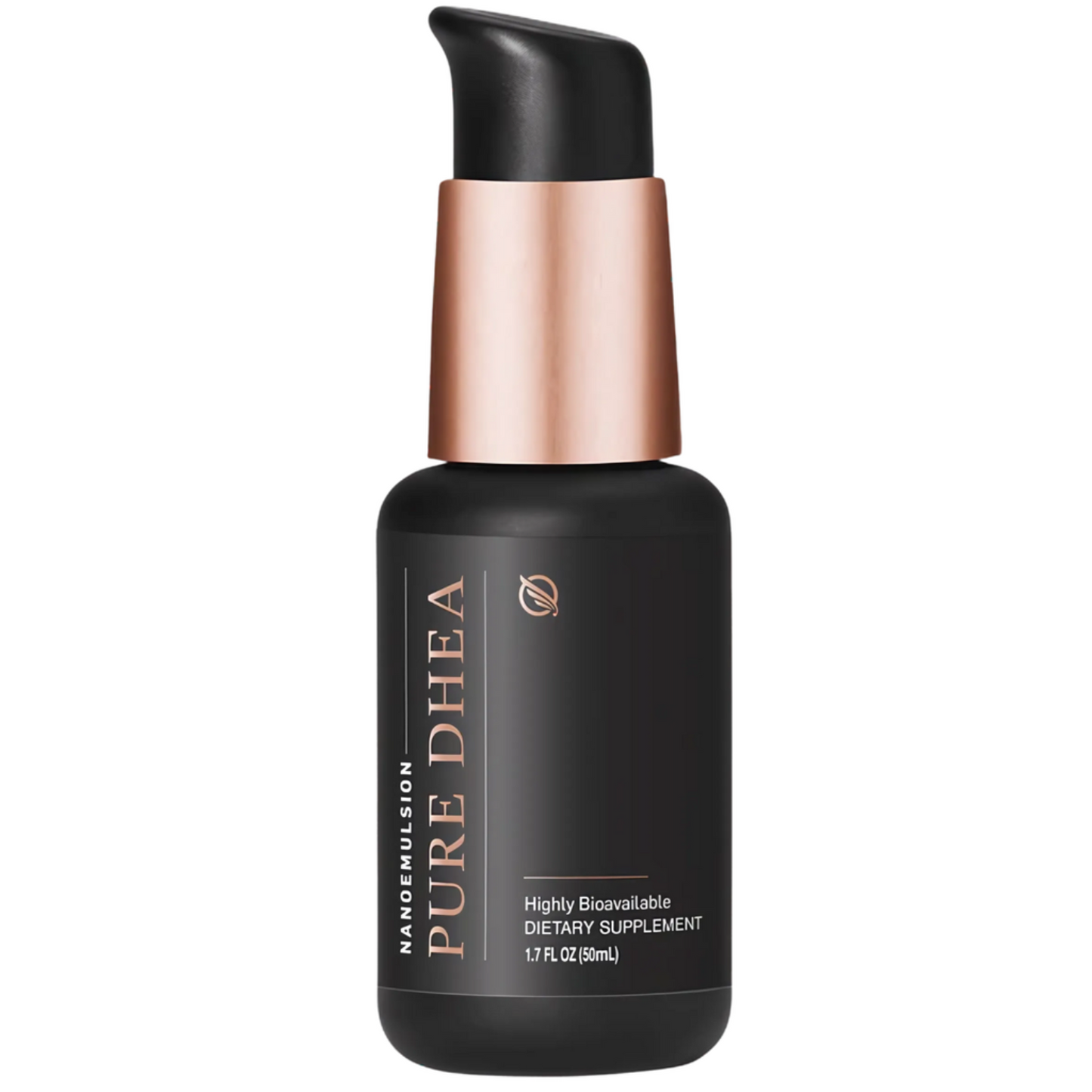 Nanoemulsion Pure DHEA black pump dietary supplement bottle with rose gold cap on a white background
