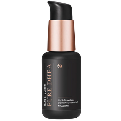 Nanoemulsion Pure DHEA black pump dietary supplement bottle with rose gold cap on a white background