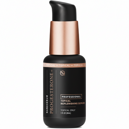 Black pump bottle of Nanoserum Progesterone + Professional Topical Replenishing Serum with rose gold cap on a white background