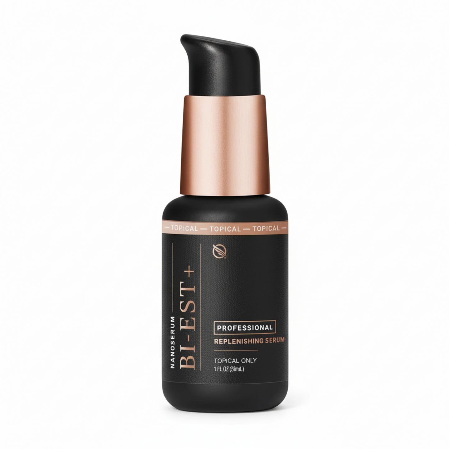 black pump jar with rose gold accents, Nanoserum Bi-Est + Professional Replenishing Serum, topical only, 1oz