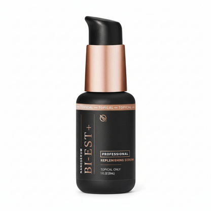 black pump jar with rose gold accents, Nanoserum Bi-Est + Professional Replenishing Serum, topical only, 1oz