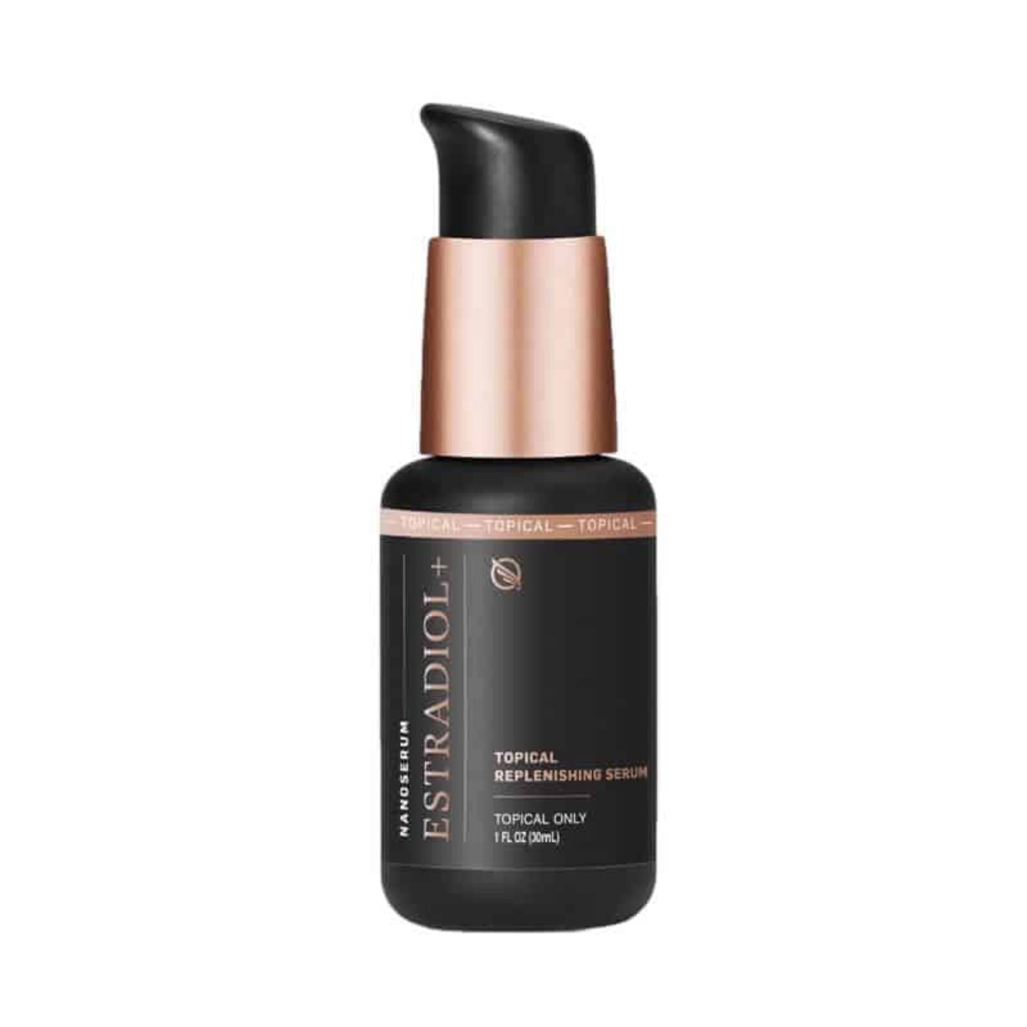 Black serum bottle with rose gold cap Estradiol + Topical Replenishing Serum on a white background