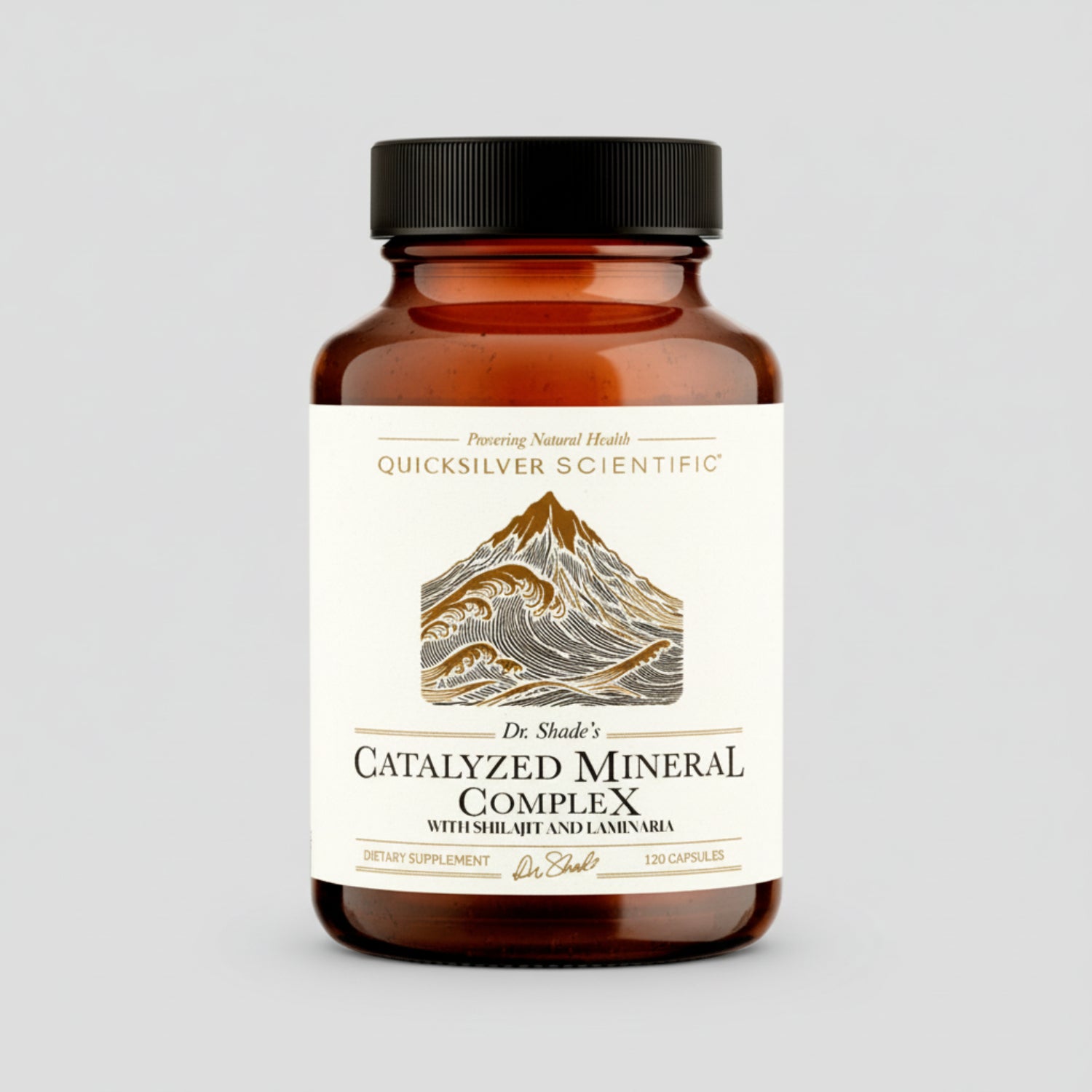 amber glass bottle with black top and with label with stylized mountain, Pioneering Natural Health, Quicksilver Scientific Dr. Shade's Catalyzed Mineral Complex with Shilajit and Laminaria, dietary supplement, 120 capsules