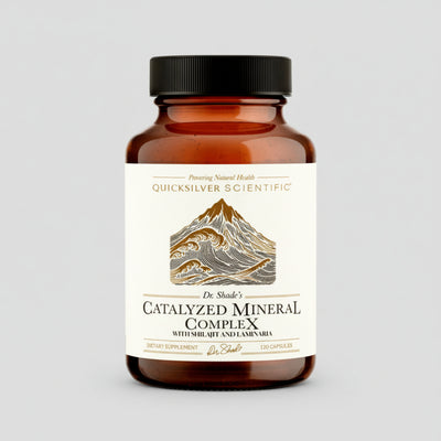 amber glass bottle with black top and with label with stylized mountain, Pioneering Natural Health, Quicksilver Scientific Dr. Shade's Catalyzed Mineral Complex with Shilajit and Laminaria, dietary supplement, 120 capsules