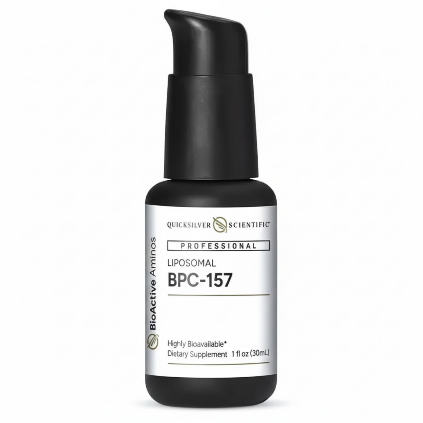 black pump bottle with white label and black text, Quicksilver Scientific with logo, Professional Liposomal BPC-157 Bioactive Aminos, highly bioavailable dietary supplement, 1oz