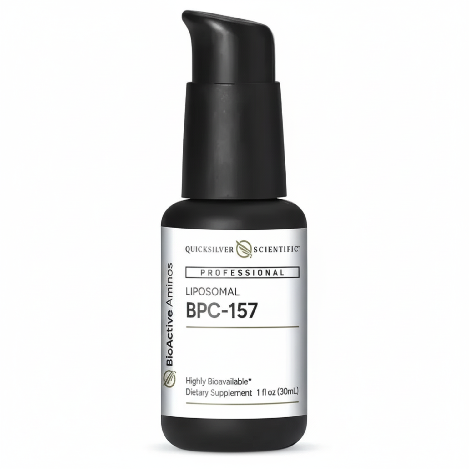black pump bottle with white label and black text, Quicksilver Scientific with logo, Professional Liposomal BPC-157 Bioactive Aminos, highly bioavailable dietary supplement, 1oz