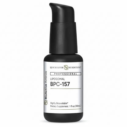 black pump bottle with white label and black text, Quicksilver Scientific with logo, Professional Liposomal BPC-157 Bioactive Aminos, highly bioavailable dietary supplement, 1oz