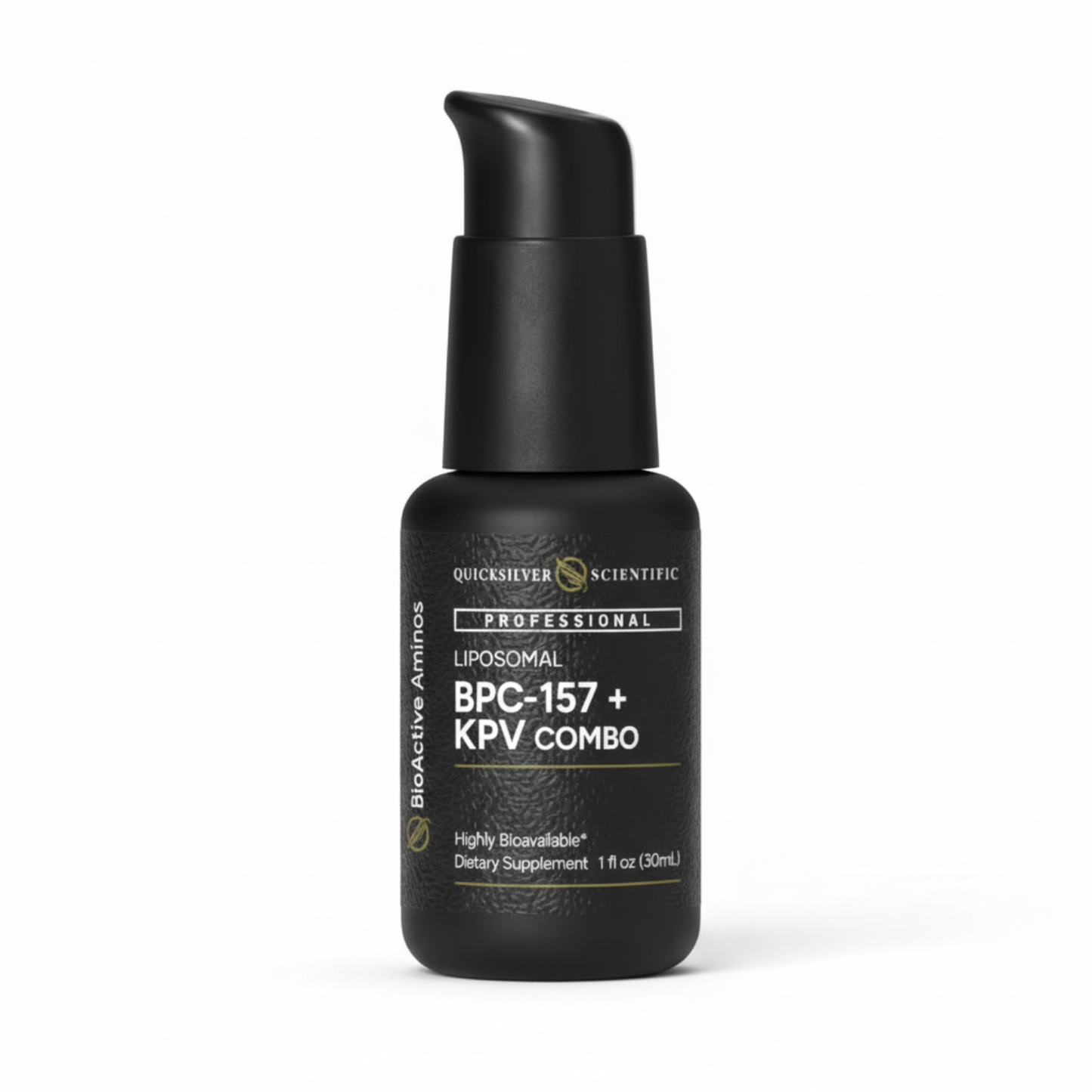 black pump bottle with white label and black text, Quicksilver Scientific with logo, Professional Liposomal BPC-157 + KPV Combo Bioactive Aminos, highly bioavailable dietary supplement, 1oz