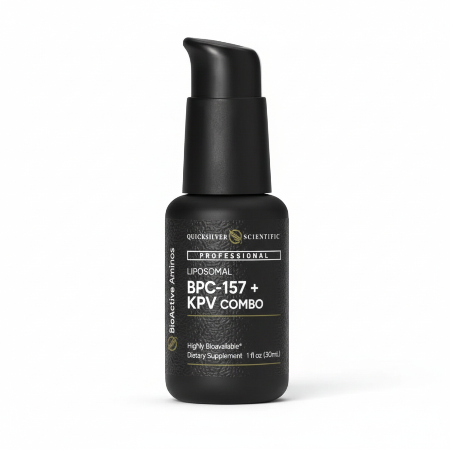 black pump bottle with white label and black text, Quicksilver Scientific with logo, Professional Liposomal BPC-157 + KPV Combo Bioactive Aminos, highly bioavailable dietary supplement, 1oz