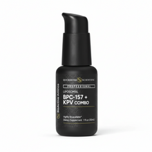 black pump bottle with white label and black text, Quicksilver Scientific with logo, Professional Liposomal BPC-157 + KPV Combo Bioactive Aminos, highly bioavailable dietary supplement, 1oz