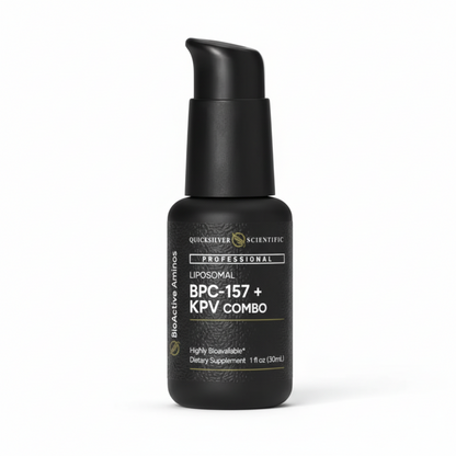 black pump bottle with white label and black text, Quicksilver Scientific with logo, Professional Liposomal BPC-157 + KPV Combo Bioactive Aminos, highly bioavailable dietary supplement, 1oz