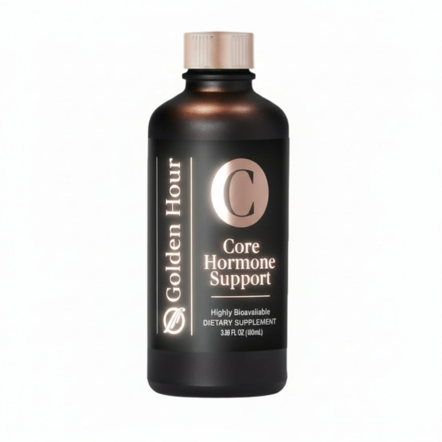 Brown supplement bottle labeled 'Golden Hour Core Hormone Support' on a white background