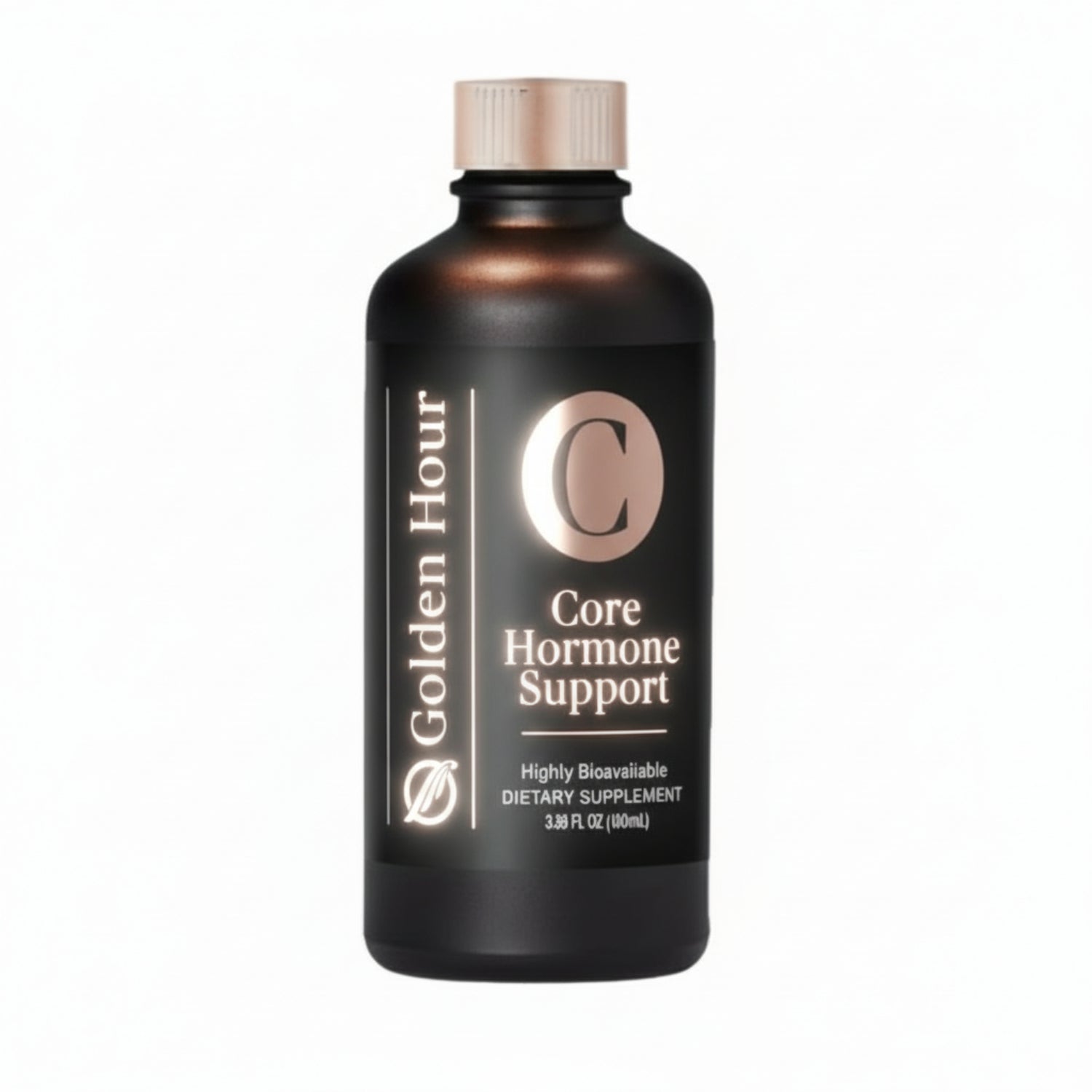 Brown supplement bottle labeled 'Golden Hour Core Hormone Support' on a white background