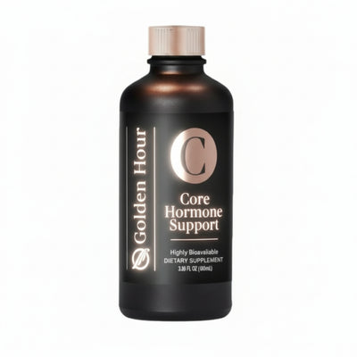 Brown supplement bottle labeled 'Golden Hour Core Hormone Support' on a white background