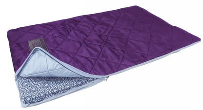A purple quilted sleeping pad with a light blue underside and a dark blue geometric patterned lining, shown on a white background.