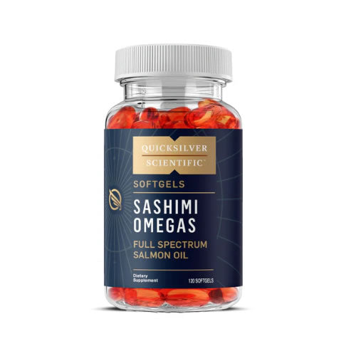 Sashimi Omegas - Unfractionated Wild Salmon Oil softgels in a clear container by Quicksilver Scientific