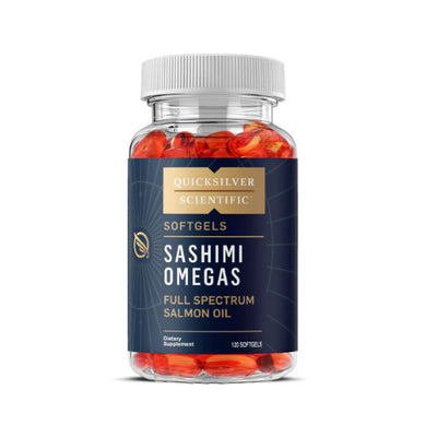 Sashimi Omegas - Unfractionated Wild Salmon Oil softgels in a clear container by Quicksilver Scientific