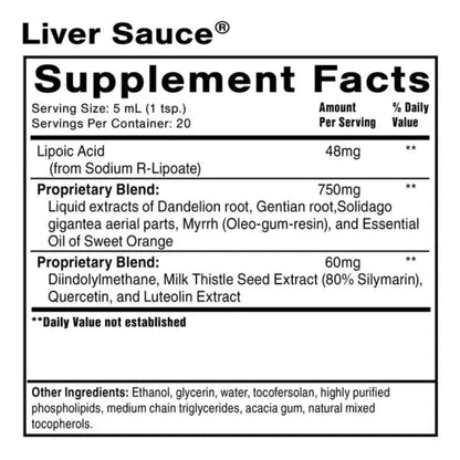 Supplement facts label for Liver Sauce with detailed ingredient list on a white background