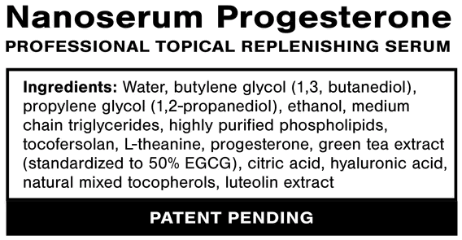 Nanoserum Progesterone ingredients list for professional topical replenishing serum featuring Bioidentical Progesterone.