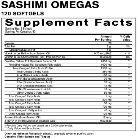 Sashimi Omegas Supplement Facts for Unfractionated Wild Salmon Oil, featuring omega fatty acids and vitamins.