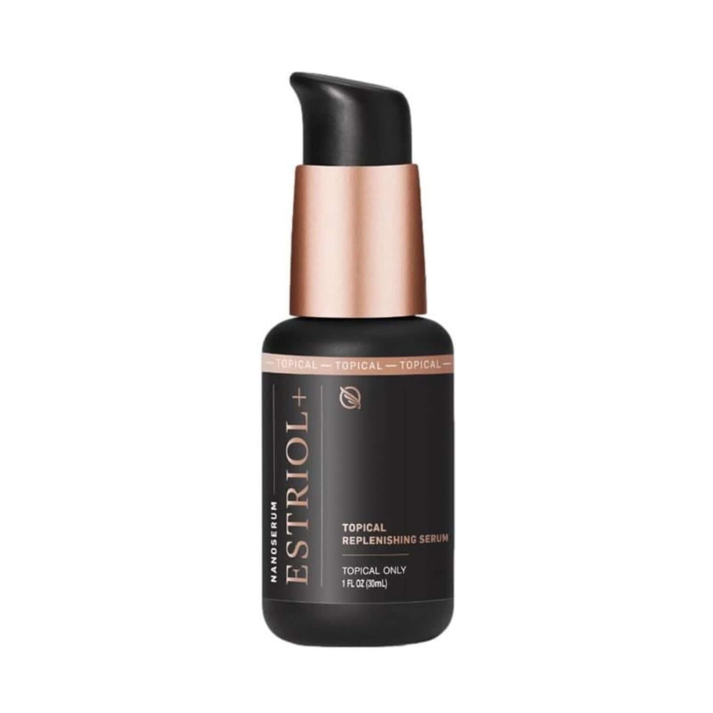 Bioidentical Estriol Serum in sleek black bottle with rose gold accents, promoting hormonal balance and comfort.