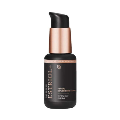 Bioidentical Estriol Serum in sleek black bottle with rose gold accents, promoting hormonal balance and comfort.