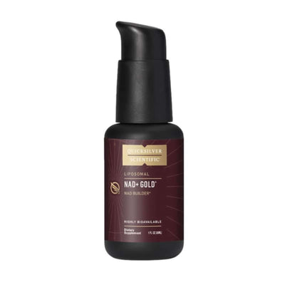 Liposomal NMN and TMG in Quicksilver Scientific NAD+ Gold supplement bottle for vitality and energy.