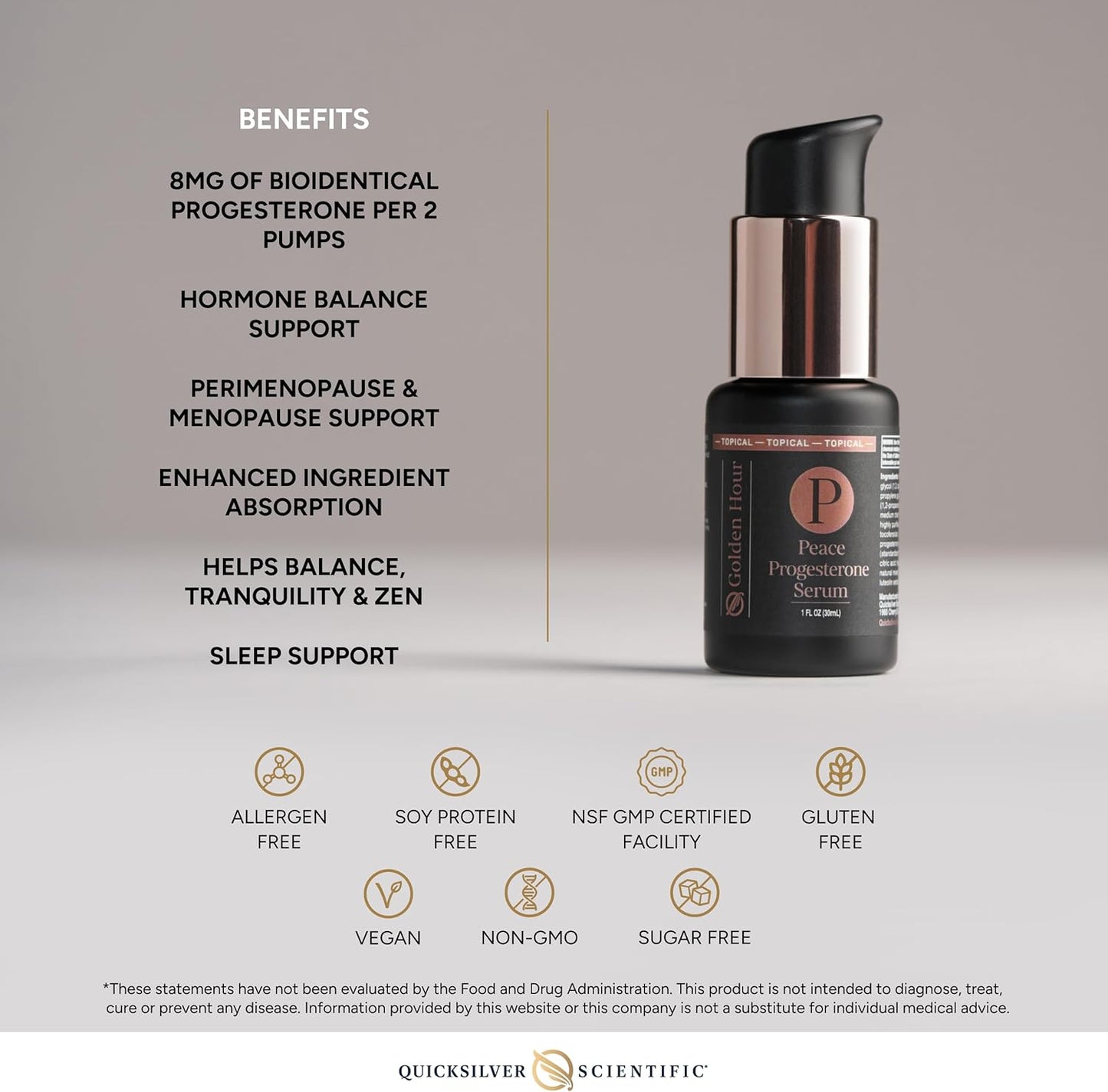 Black serum bottle with text detailing benefits and features on a gray background