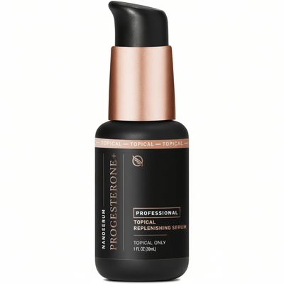 Bioidentical Progesterone serum bottle, Quicksilver Scientific Progesterone+ professional topical replenishing serum.
