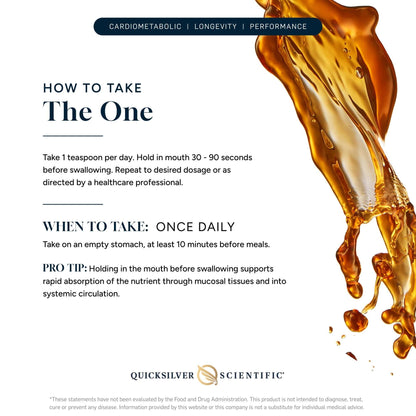 Instructions for using The ONE, a Nanoemulsified Mitochondrial Optimizer, featuring dosage and timing guidelines.