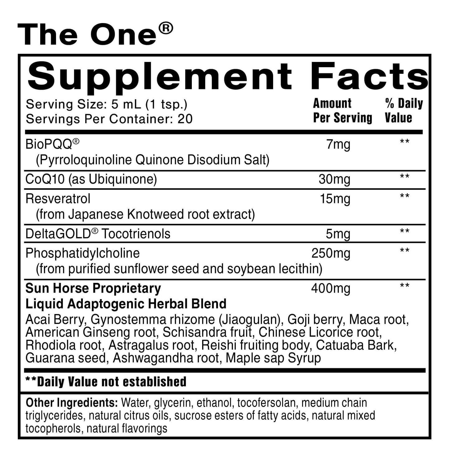 The ONE supplement facts label showcasing Nanoemulsified Mitochondrial Optimizer ingredients and nutritional values.