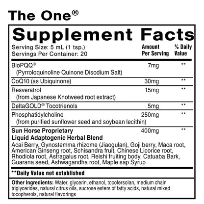 The ONE supplement facts label showcasing Nanoemulsified Mitochondrial Optimizer ingredients and nutritional values.