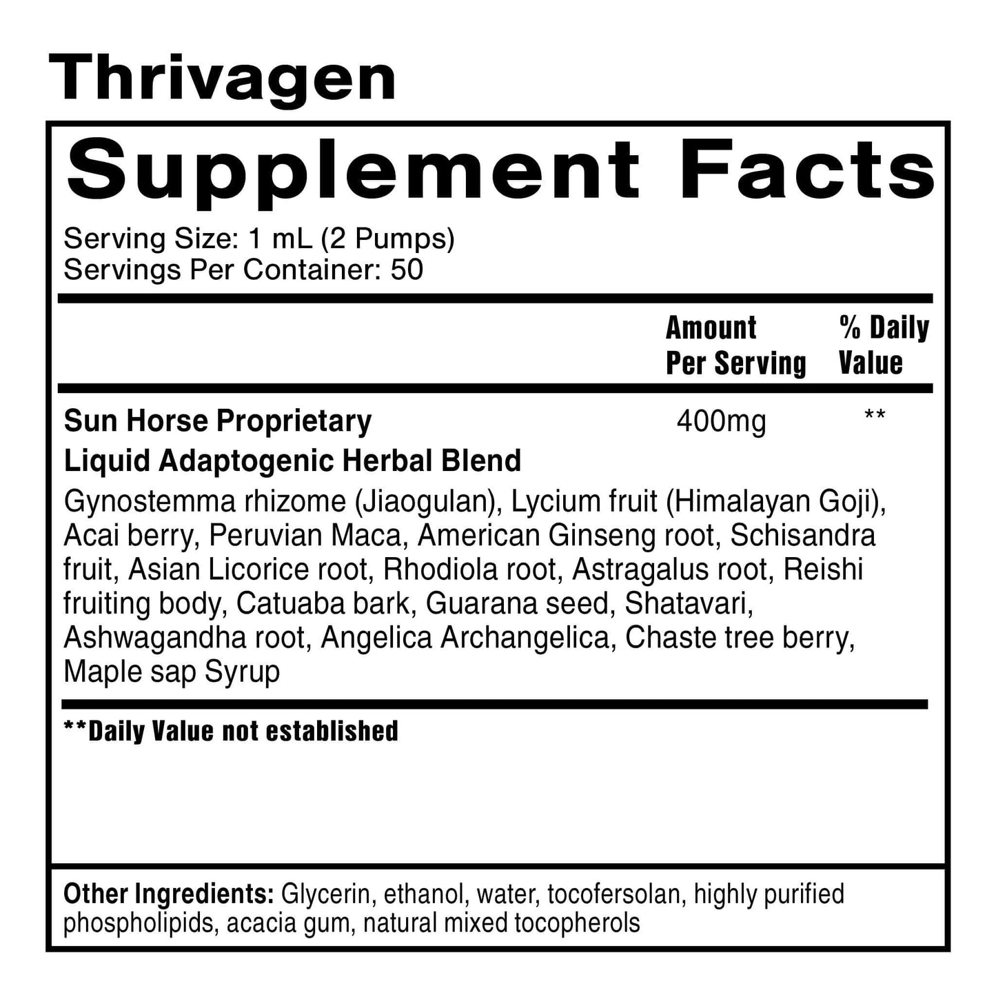 Supplement facts for Thrivagen, a Liposomal Women’s Adaptogen Tonic with herbal ingredients.