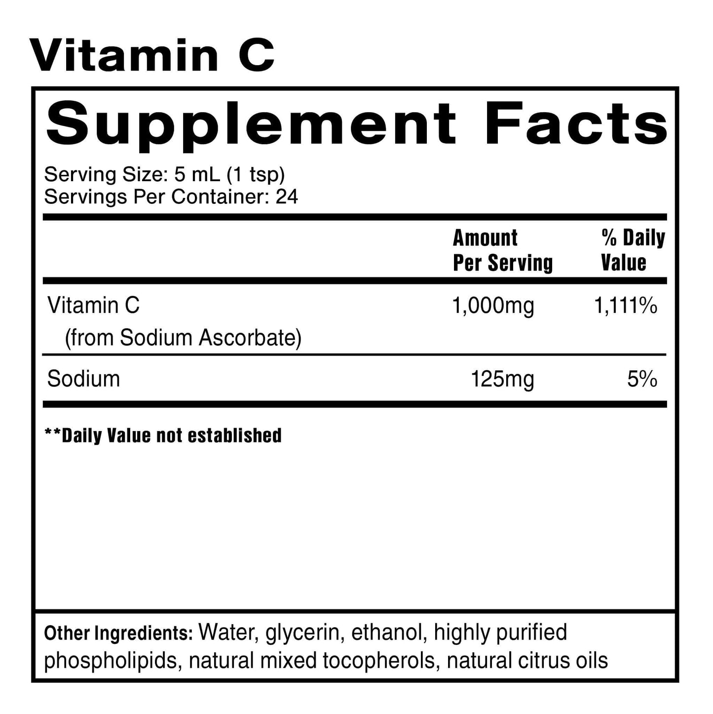 Vitamin C Supplement Facts including dosage and ingredients of Nanoemulsified Vitamin C Liquid