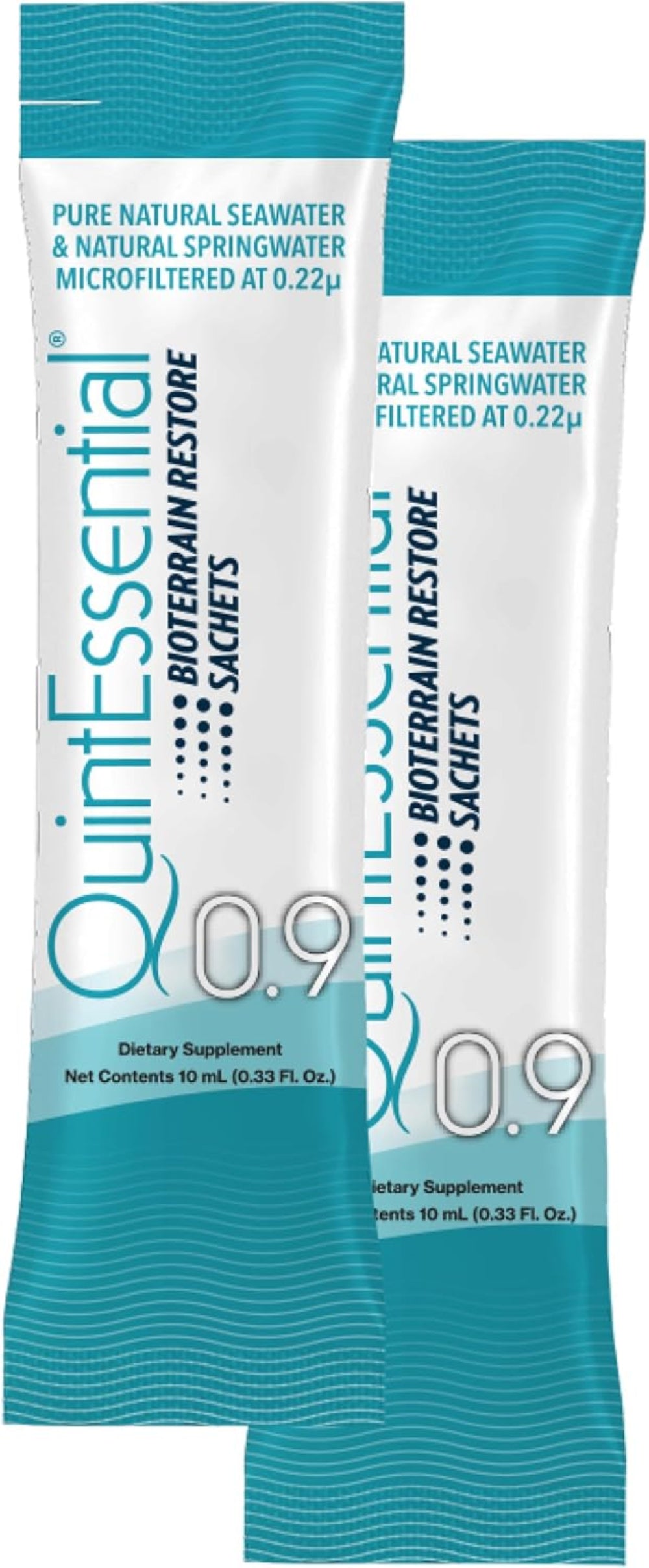 Two QuintEssential Biote Rahman Restore 0.9 dietary supplement sachets on a white background