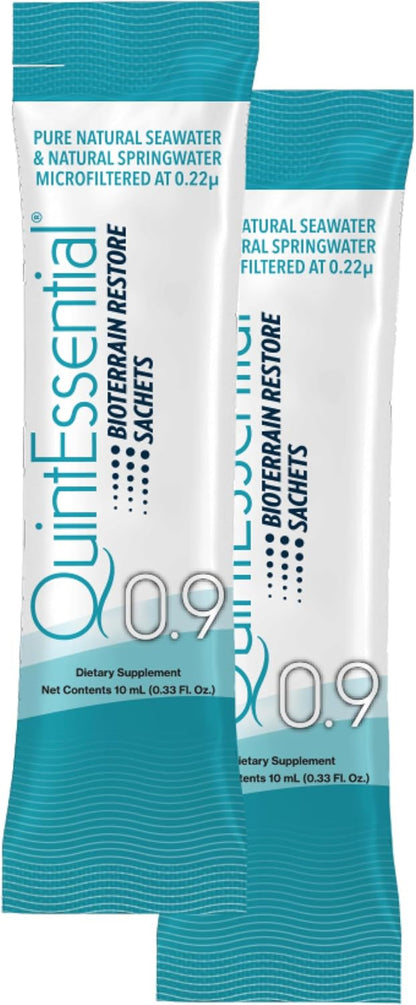Two QuintEssential Biote Rahman Restore 0.9 dietary supplement sachets on a white background