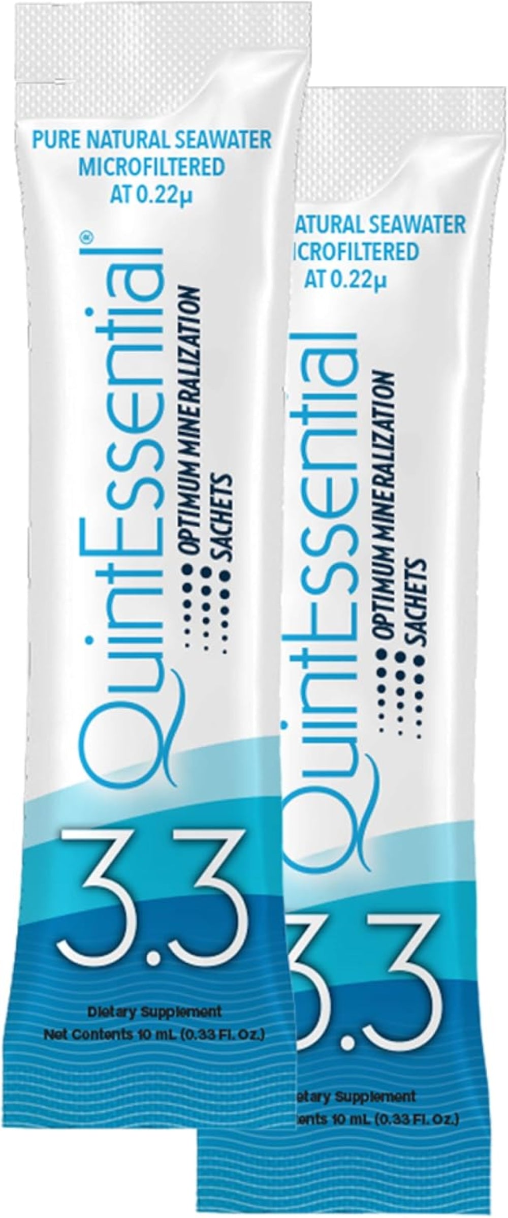 Two packages of Quintessential 3.3 seawater microfiltered supplements on a white background.