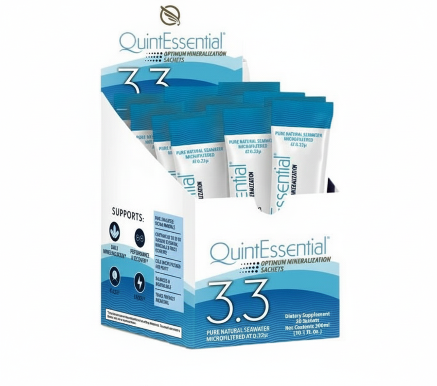 QuintEssential 3.3 supplement packets in a display box on a white background