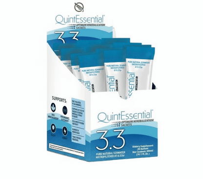 QuintEssential 3.3 supplement packets in a display box on a white background