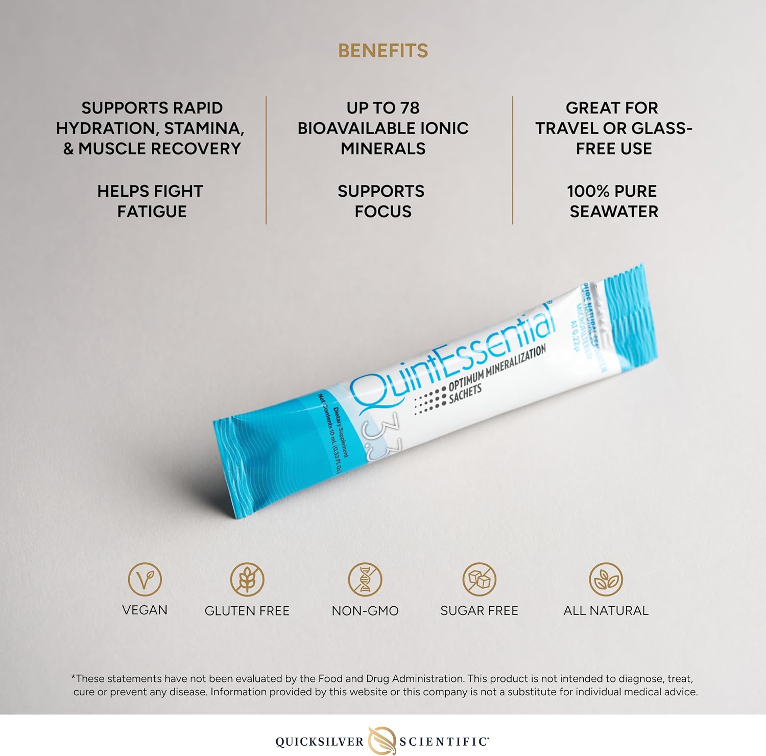 QuintEssential hydration stick pack with benefits listed on a gray background