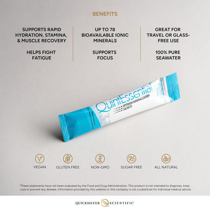 QuintEssential hydration stick pack with benefits listed on a gray background