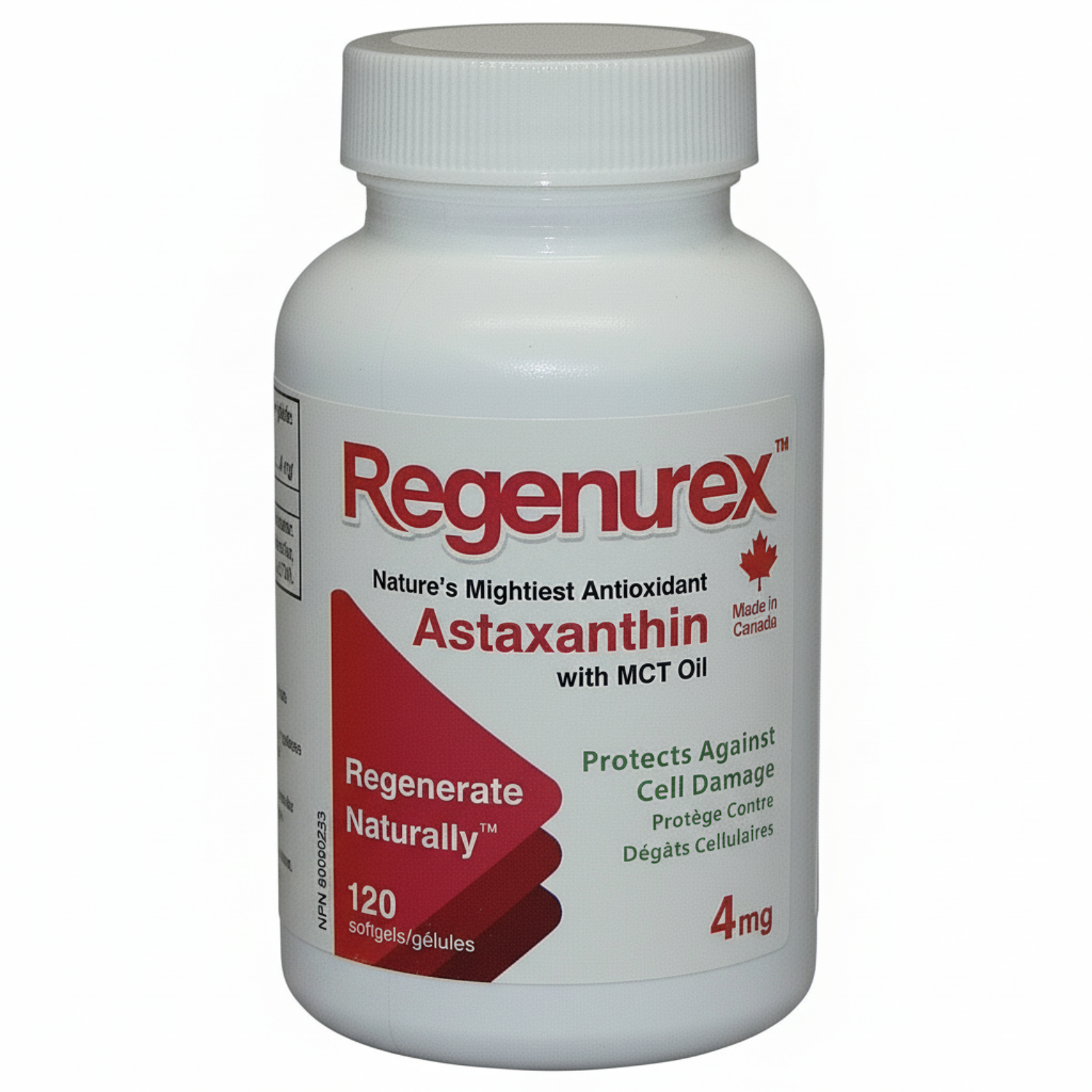 white bottle and lid with red text on label, Regenurex Astaxanthin, Nature's Mightiest Antioxidant with MCT Oil, made in Canada, 4mg, Protects Against Cell Damage, Regenerate Naturally, 120 softgels