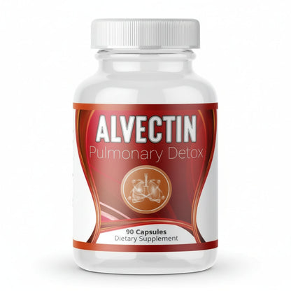 white container with orange/brown label, Alvectin Pulmonary Detox with picture of lungs, 90 capsules, Dietary Supplement